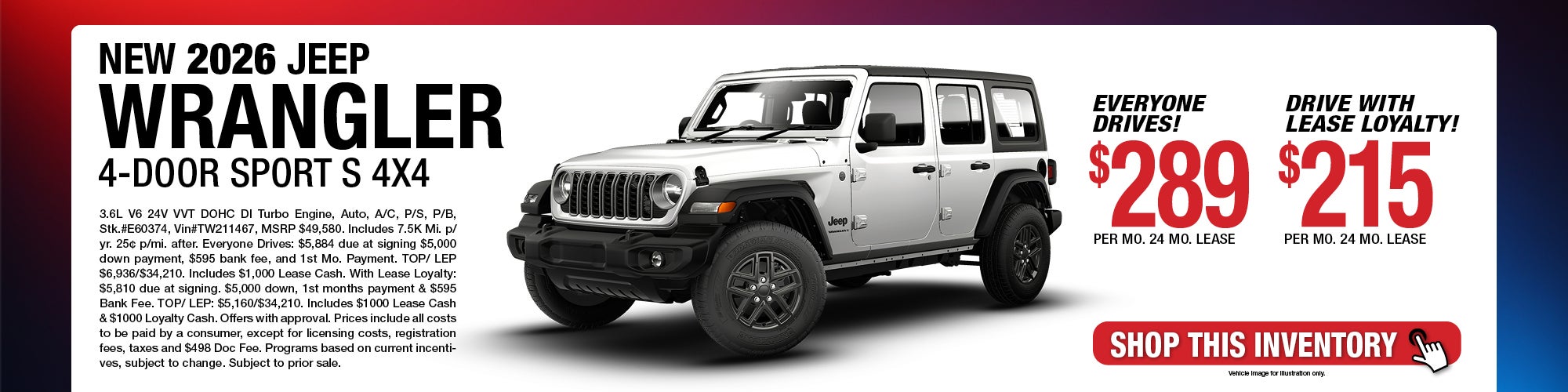 2026 Jeep Wrangler 4-Door Sport S 4x4 Lease Offer