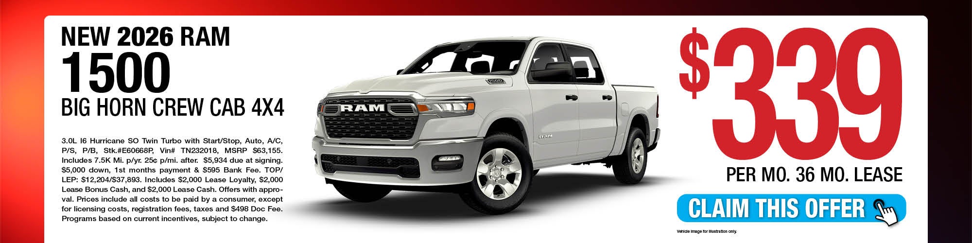 2026 Ram 1500 Big Horn Crew Cab 4x4 Lease Offer