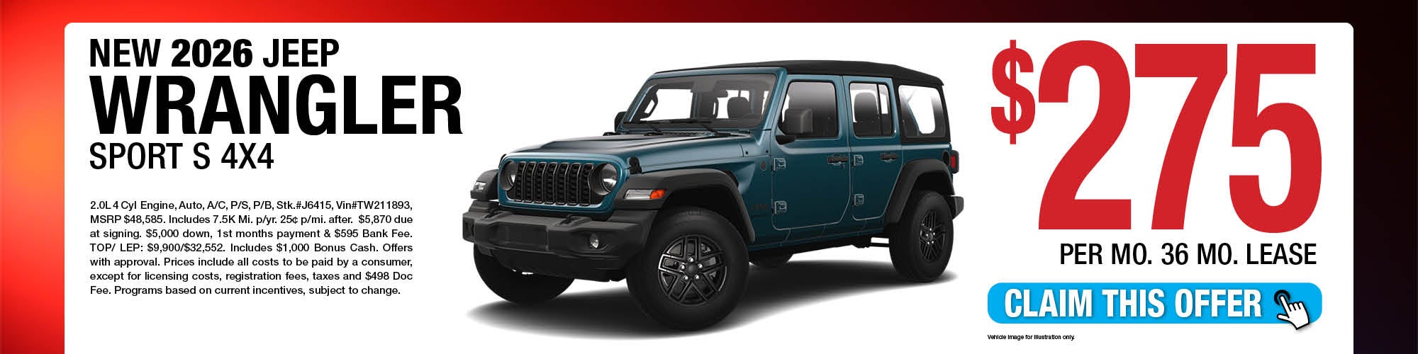 2026 Jeep Wrangler Sport S 4x4 Lease Offer